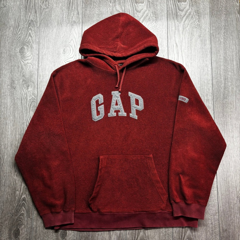 GAP Mens Fleece Hoodie Burgundy Red Arch Logo Pullover Sweatshirt 1969 Large